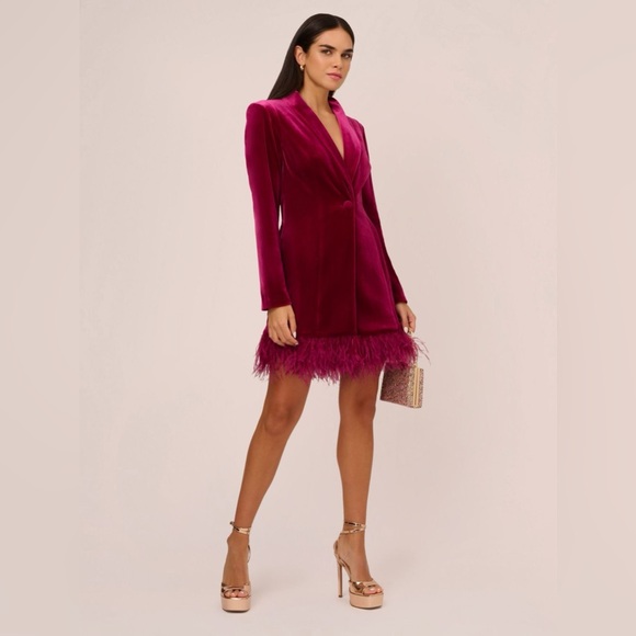 Aidan by Adrianna Papell Magenta Velvet Tuxedo Dress – Feather Hem 💖 - Picture 3 of 14
